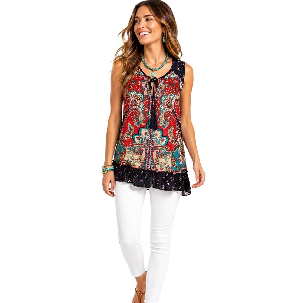 Bila Women's Sleeveless Babydoll V Neck Tassel Boho Ruffle Hem Tank Top Sz Large